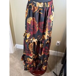MOON ORCHID SKIRT FLORAL MULTICOLOR EARTHTONES TIERED MAXI SKIRT SMALL